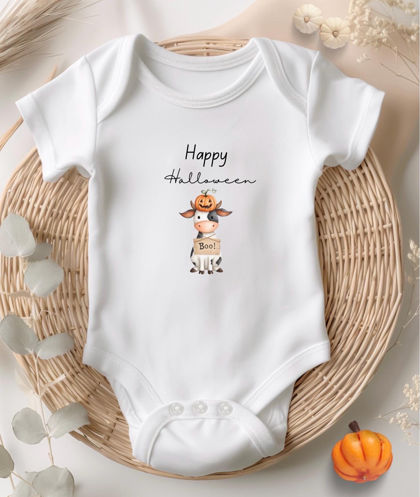 Personalised Halloween Baby Bodysuit: Farmyard Cow and Pumpkin