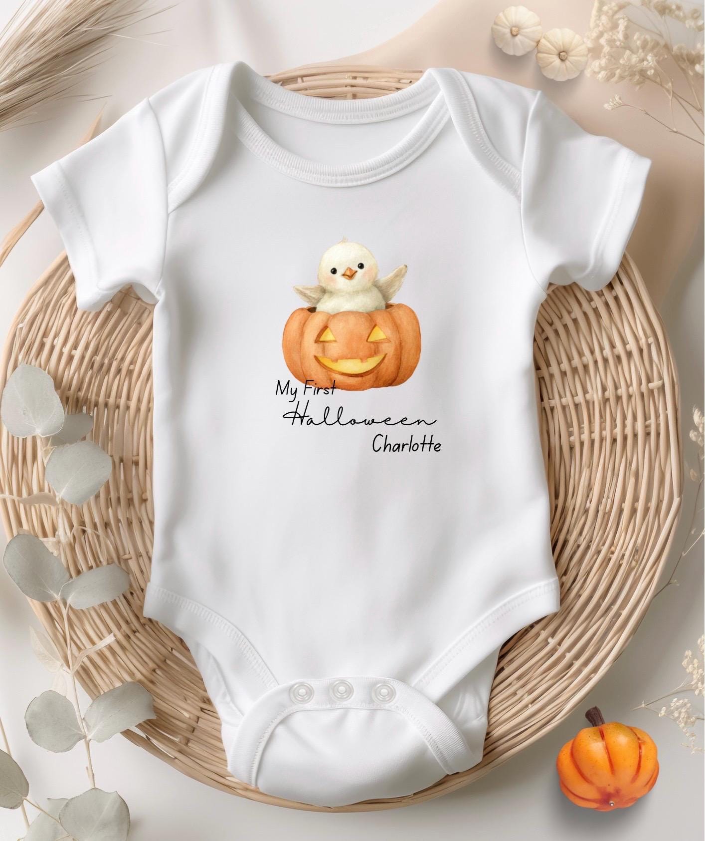 Personalised Halloween Baby Bodysuit: My First Halloween with Chick in Pumpkin