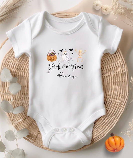 Personalised Trick Or Treat Baby Bodysuit, Halloween, Personalised Halloween Babygrow, Halloween Outfit