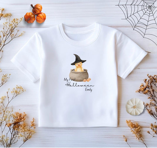Personalised Halloween T-Shirt: My First Halloween Chick in Witches Hat