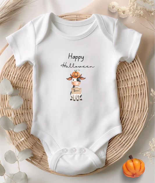 Personalised Halloween Baby Bodysuit: Farmyard Cow and Pumpkin