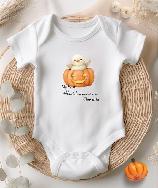 Personalised Halloween Baby Bodysuit: My First Halloween with Chick in Pumpkin