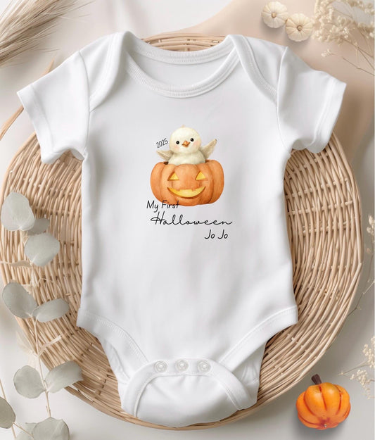 Personalised Halloween Baby Bodysuit: My First Halloween with Chick in Pumpkin